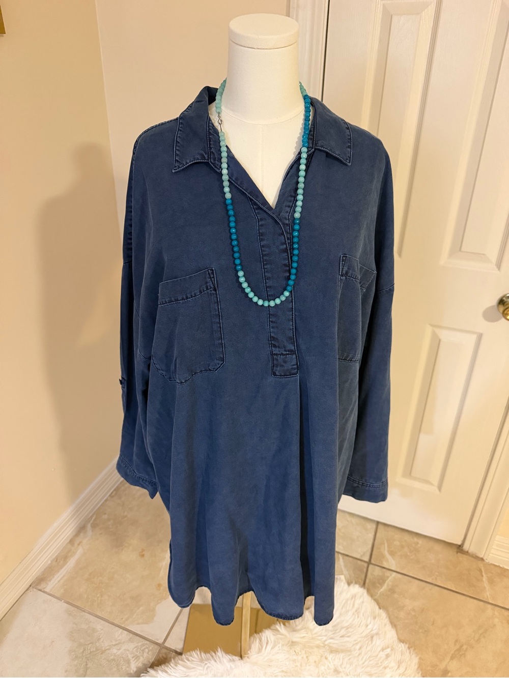 H&M Washed Navy Popover Tunic with Patch Pockets